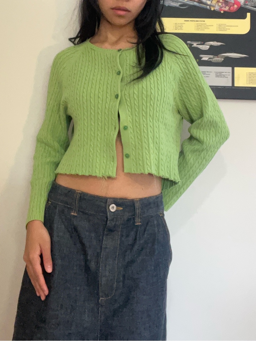 L.L. Bean Light Green Cable-Knit Button Cardigan